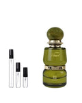 Ahmed Al Maghribi Green Pearl sample – decant naast de volle fles ter herkenning