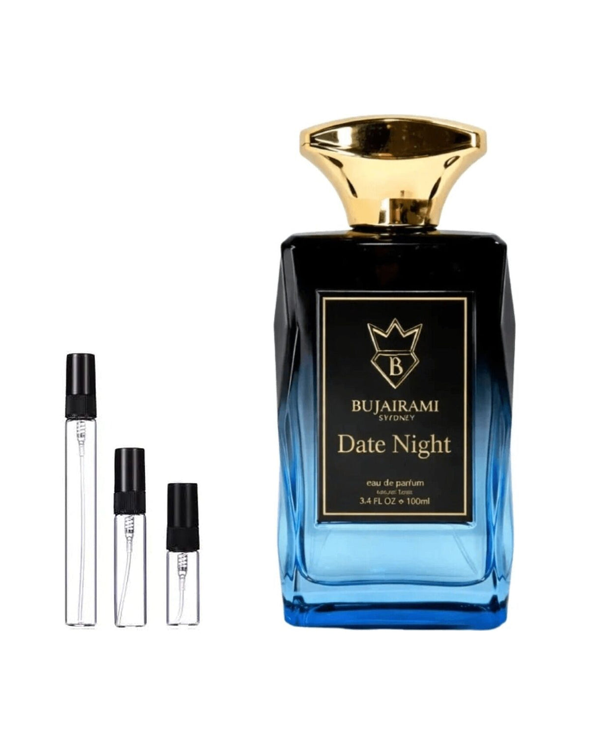 Bujairami Date Night sample – decant naast de volle fles ter herkenning