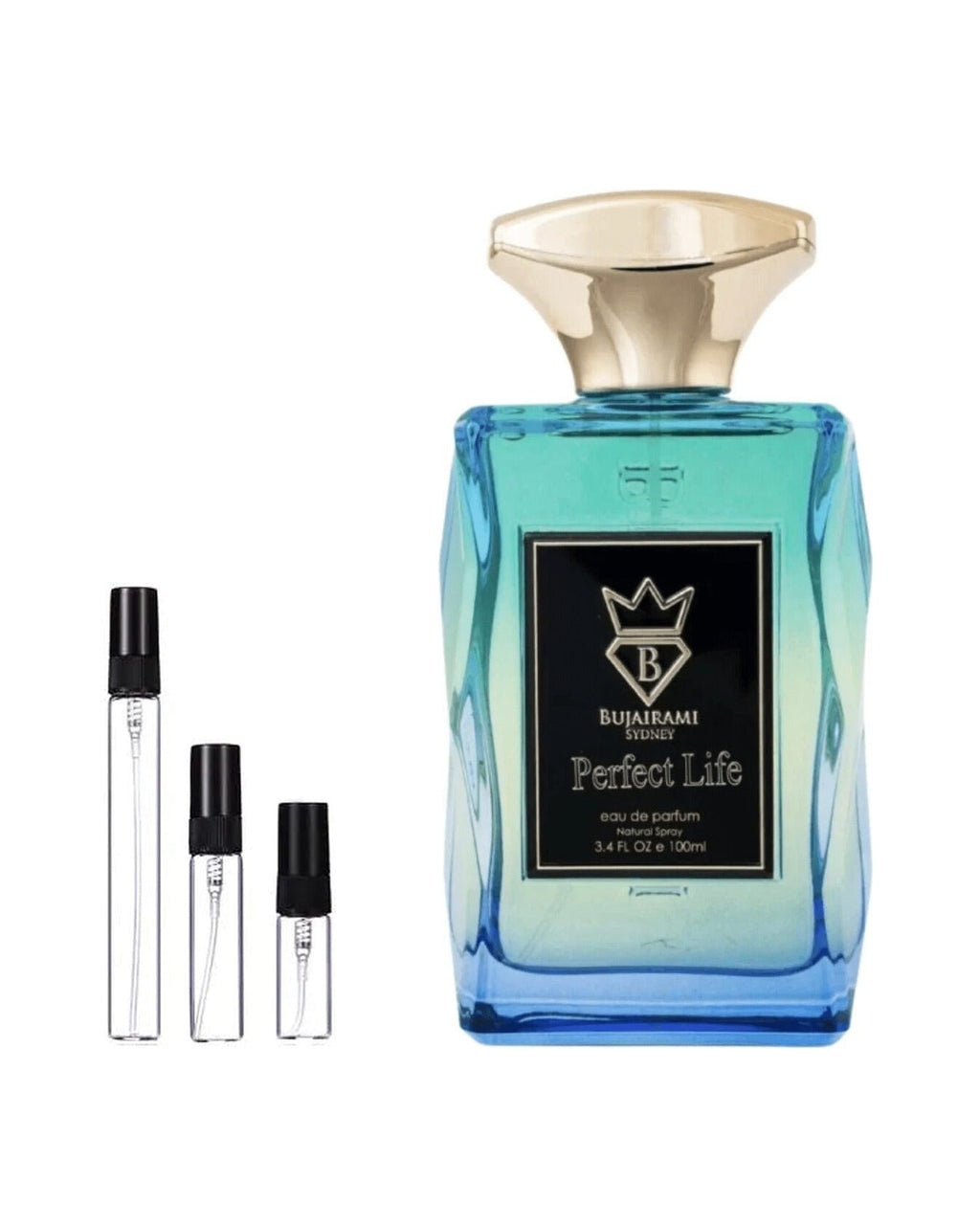 Bujairami Perfect Life sample – decant naast de volle fles ter herkenning