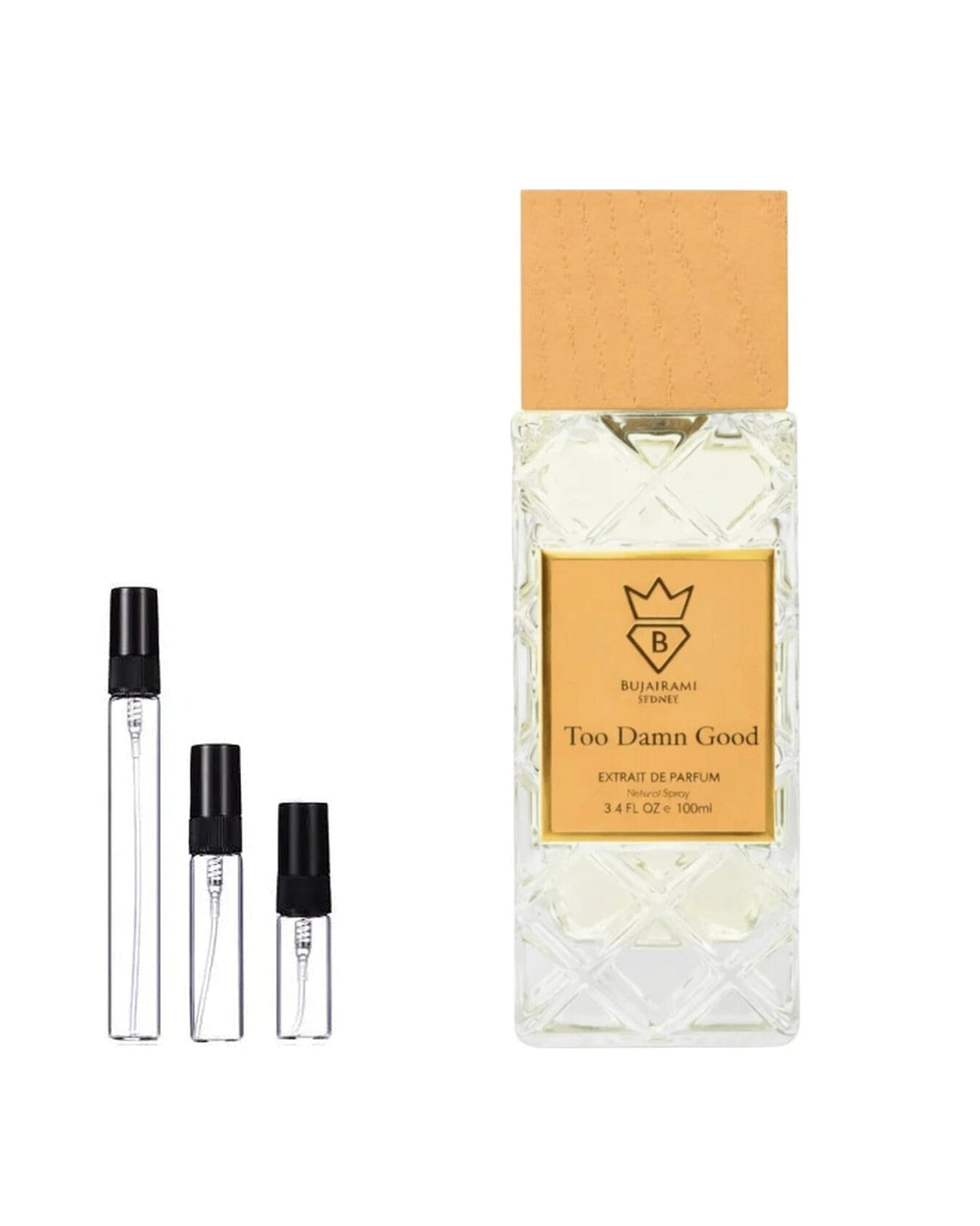 Bujairami Too Damn Good sample – decant naast de volle fles ter herkenning
