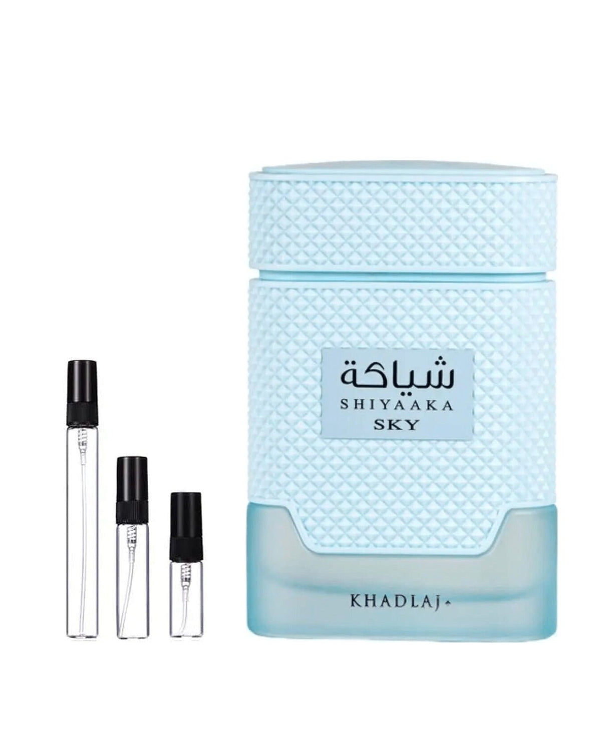 Khadlaj Shiyaaka Sky sample – decant naast de volle fles ter herkenning