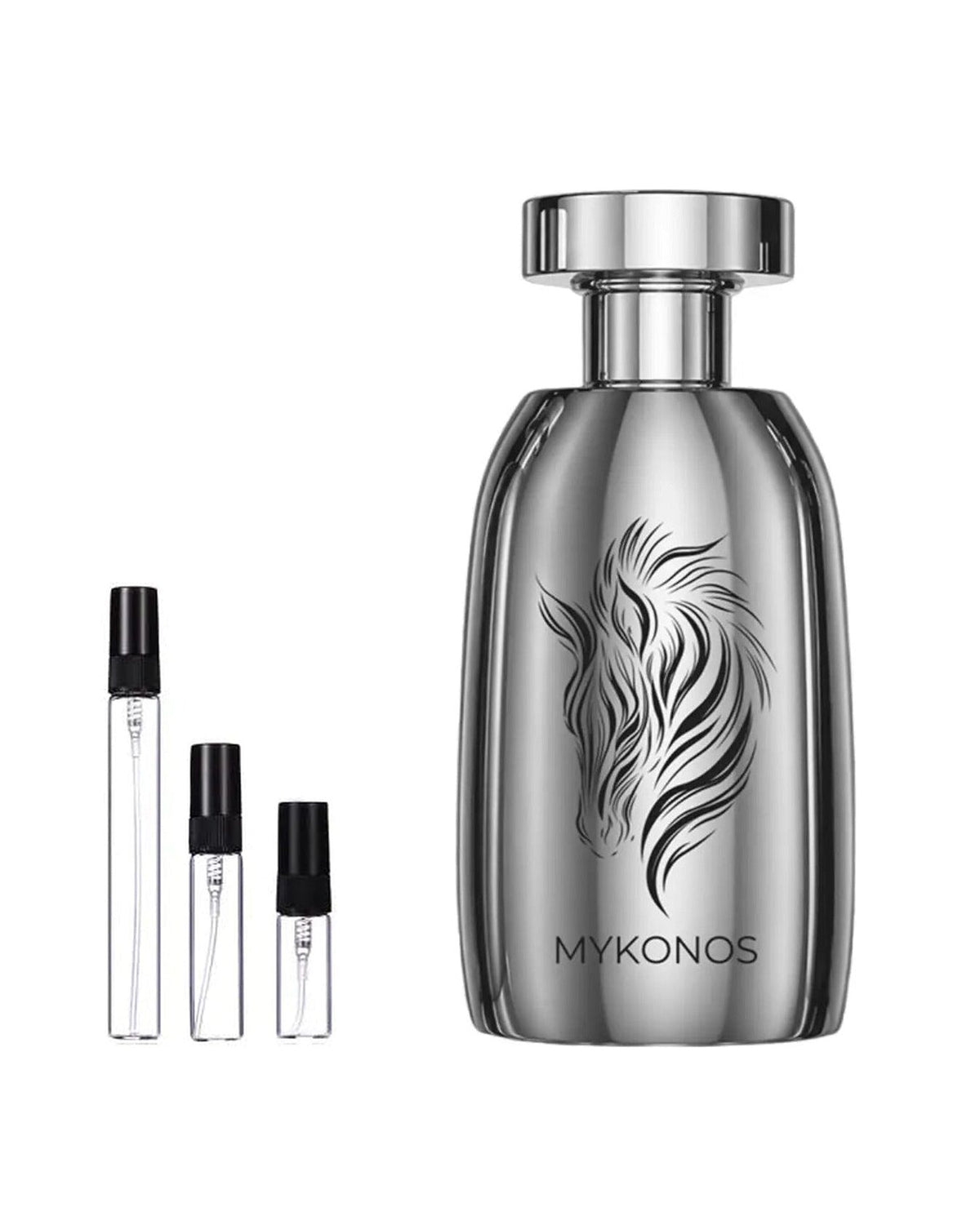 Mykonos Untamed sample – decant naast de volle fles ter herkenning