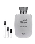 Rasasi Hawas Highness sample – decant naast de volle fles ter herkenning