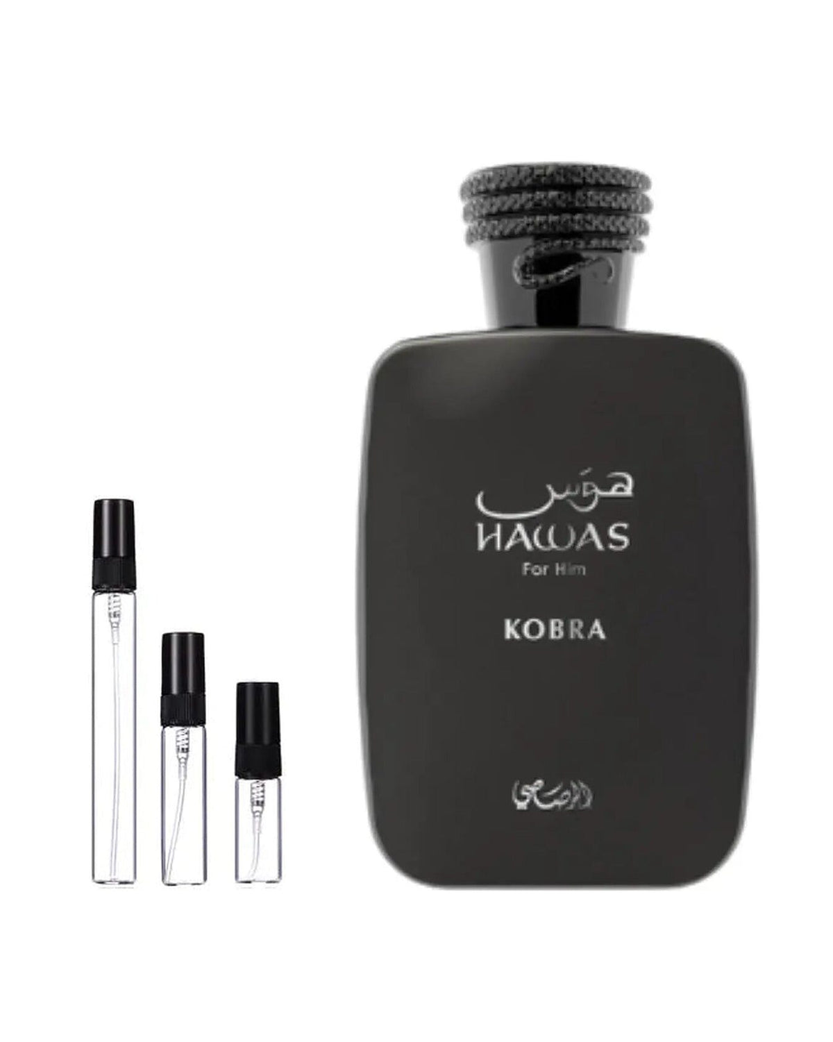 Rasasi Hawas Kobra sample – decant naast de volle fles ter herkenning
